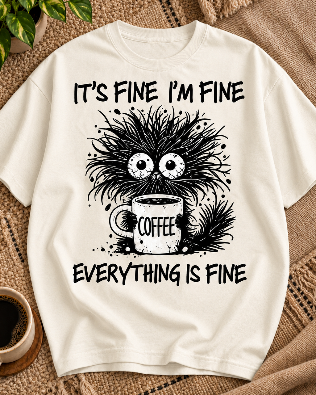 It's Fine I'm Fine Coffee Cat Oversized Graphic T-Shirt