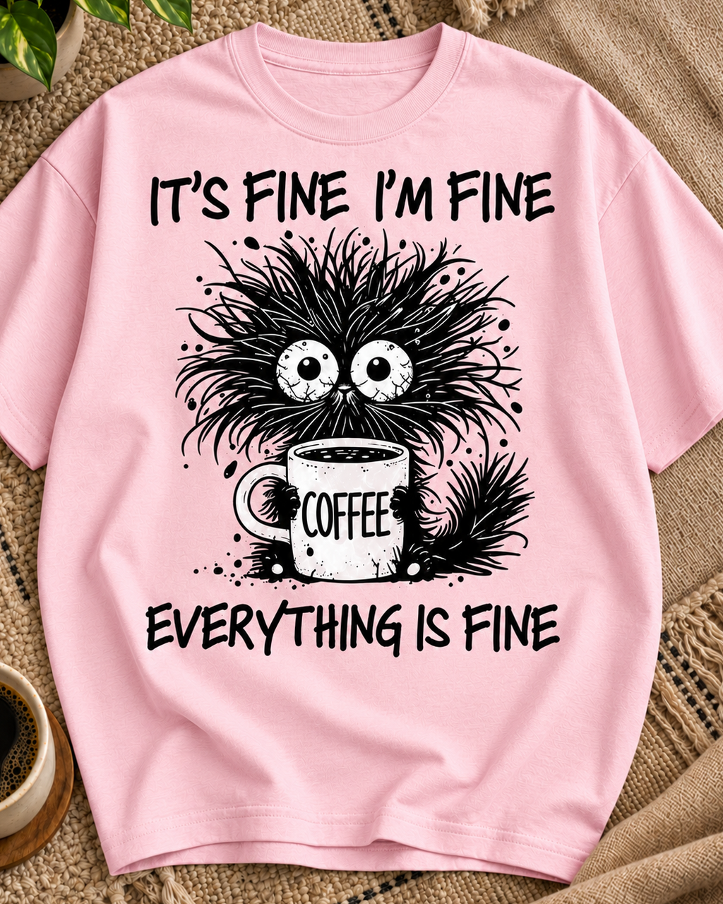 It's Fine I'm Fine Coffee Cat Oversized Graphic T-Shirt