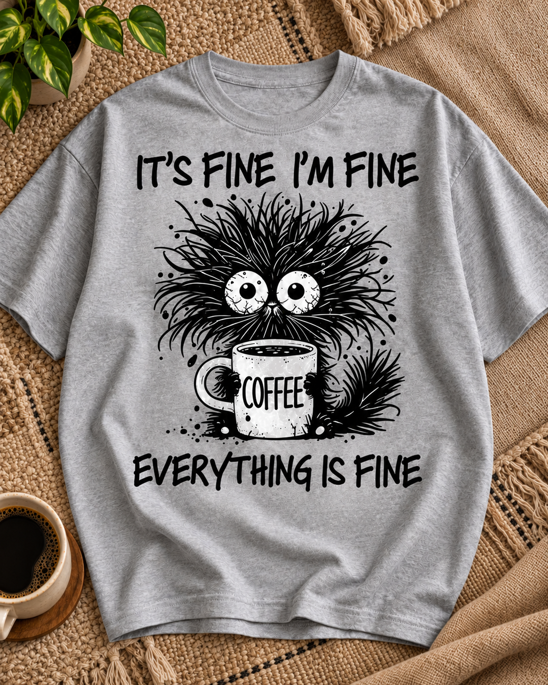 It's Fine I'm Fine Everything Is Fine grey coffee graphic oversized T-shirt