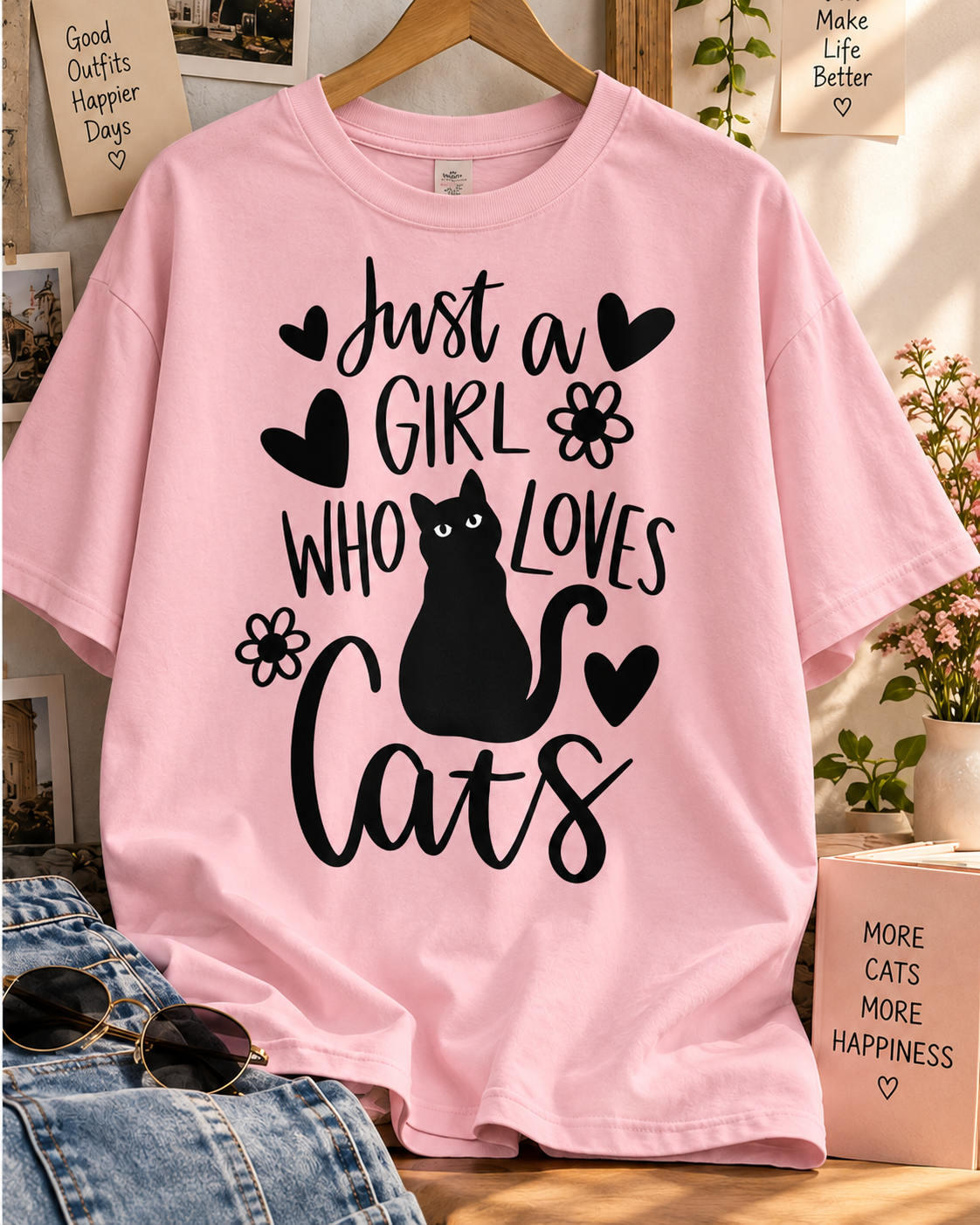 Just a Girl Who Loves Cats baby pink oversized T-shirt