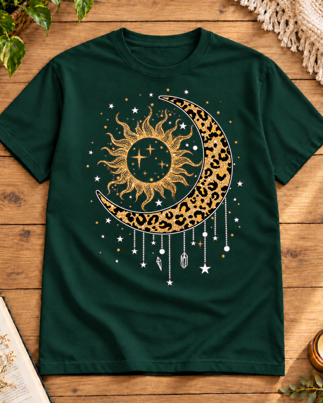 Leopard crescent sun and moon bottle green regular fit graphic T-shirt