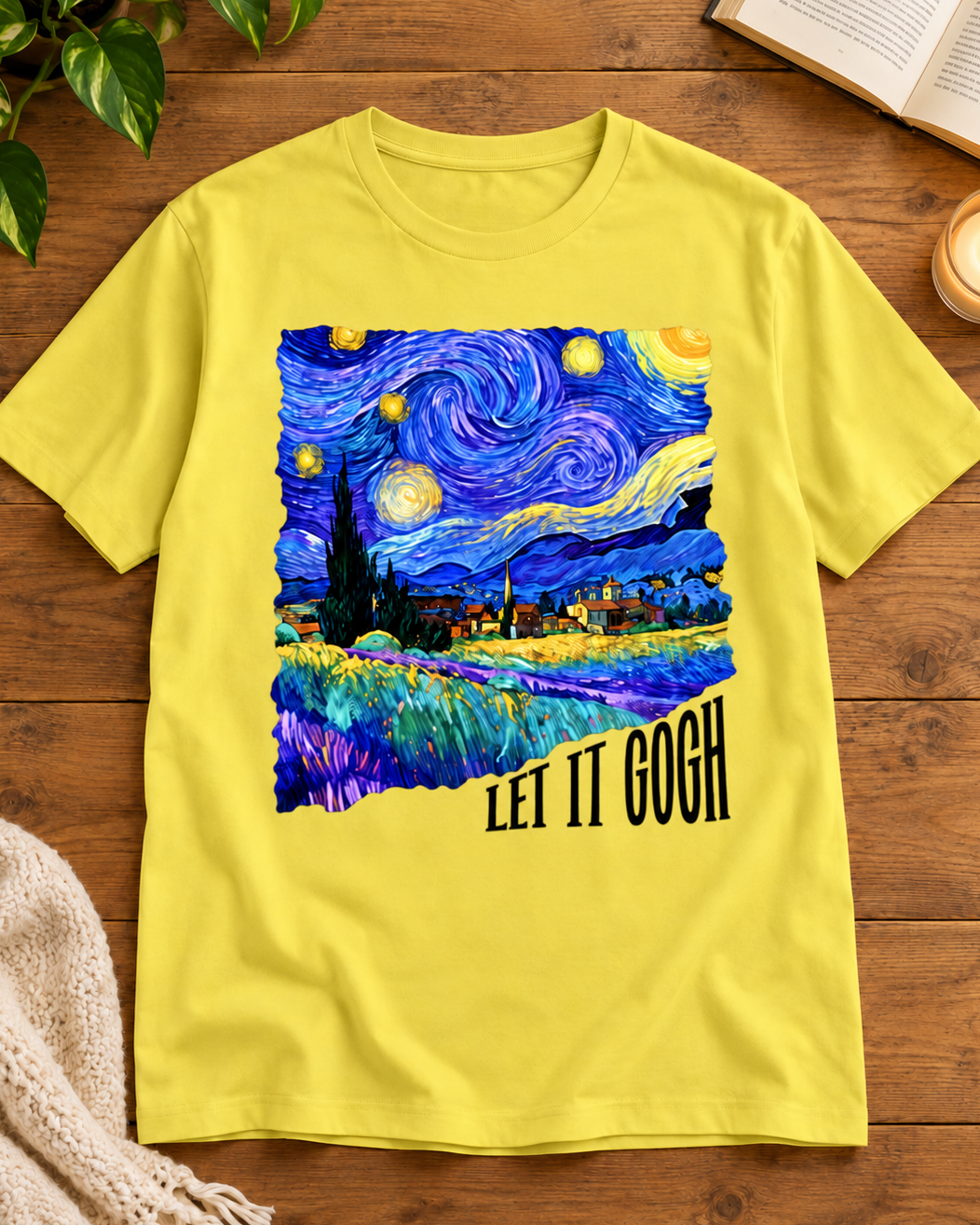 Golden Yellow regular-fit crew T-shirt featuring Let It Gogh artwork
