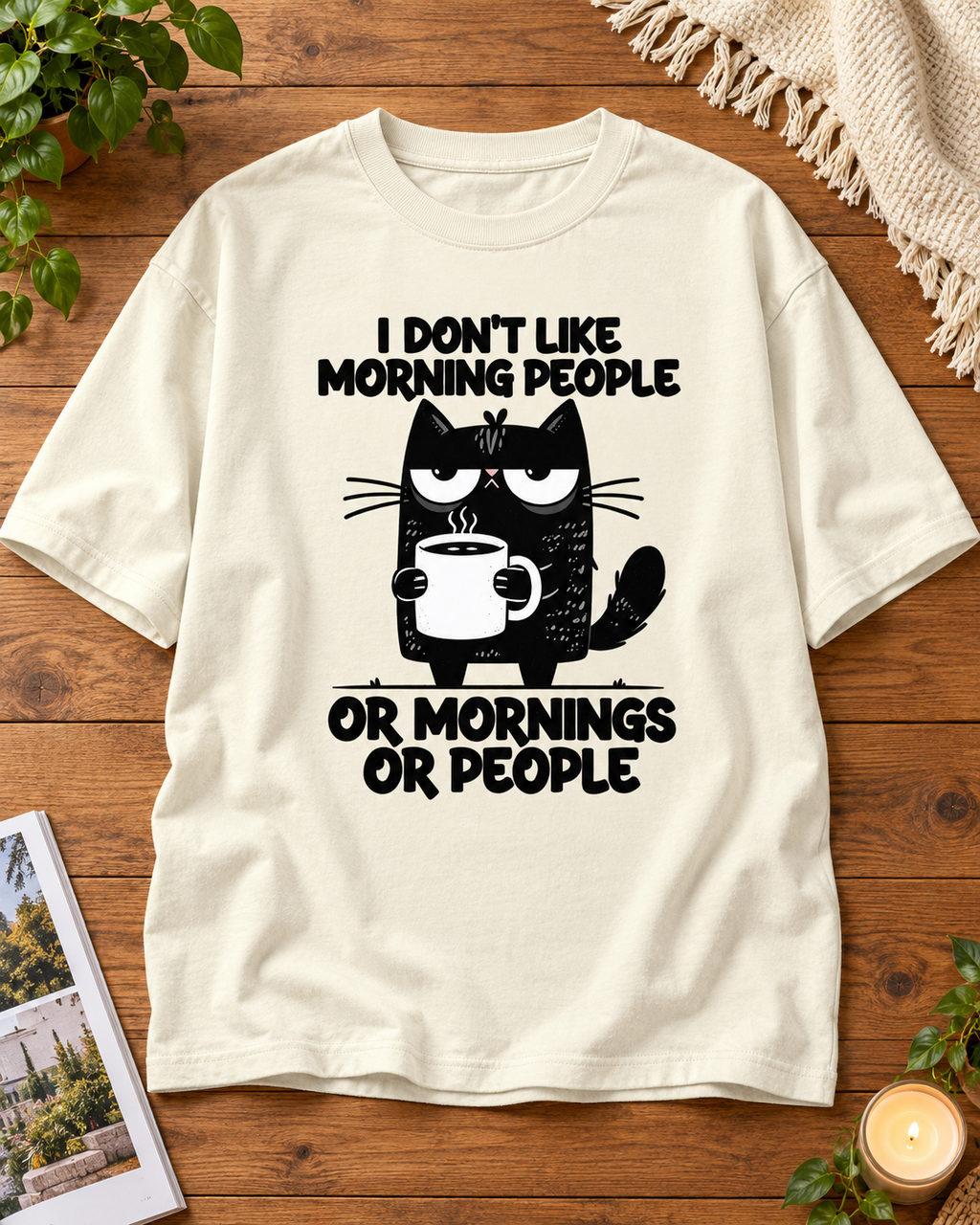I Don't Like Morning People cat oversized graphic T-shirt in Off White