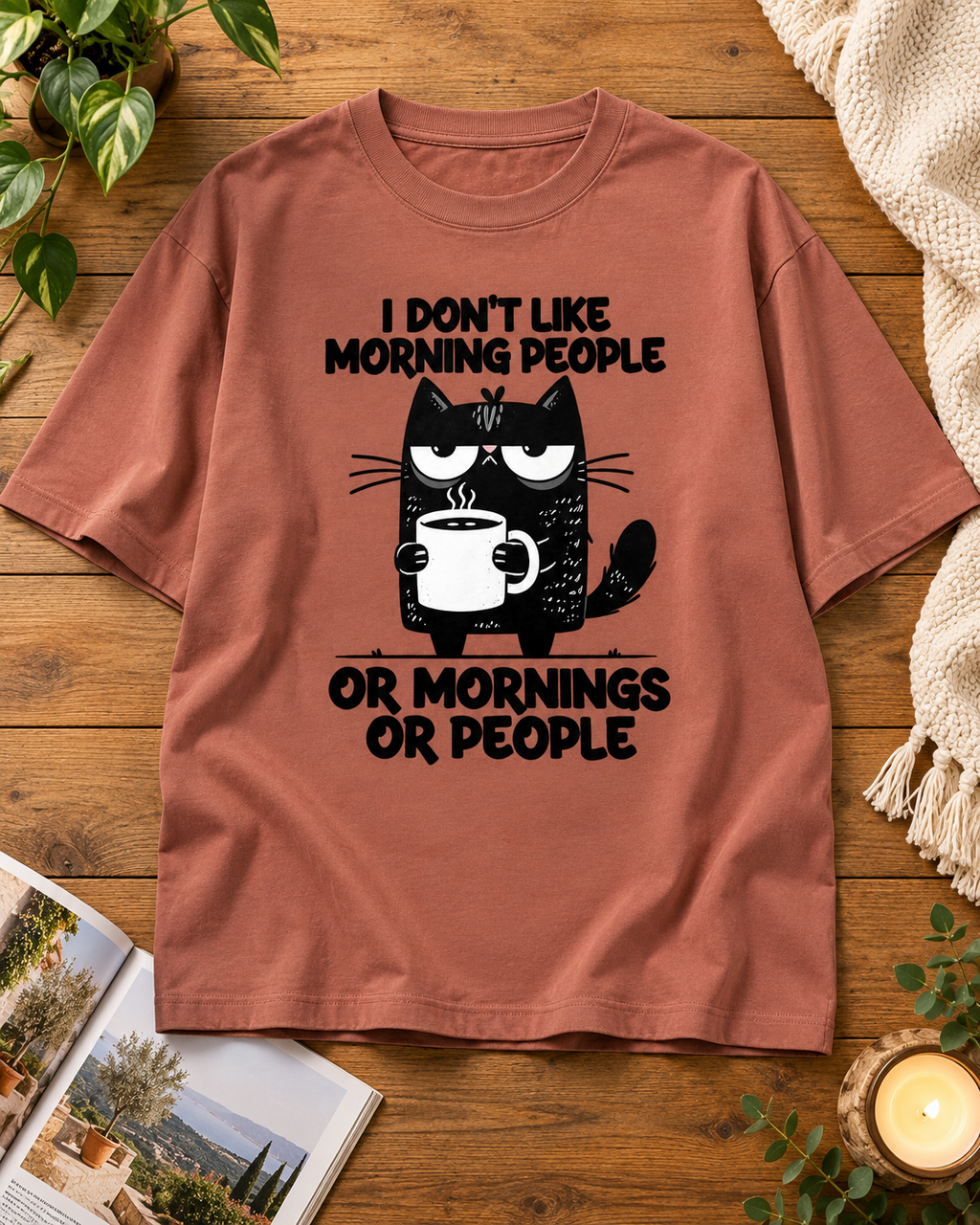 I Don't Like Morning People cat oversized graphic T-shirt in Terracotta