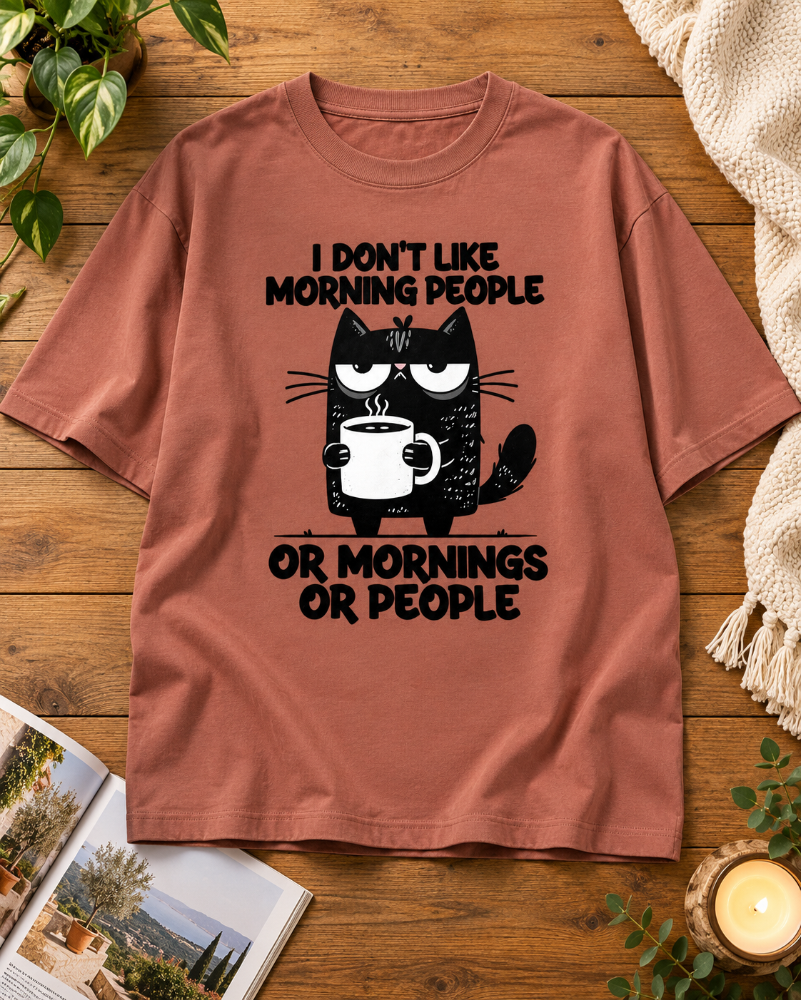 I Don't Like Morning People cat oversized graphic T-shirt in Terracotta