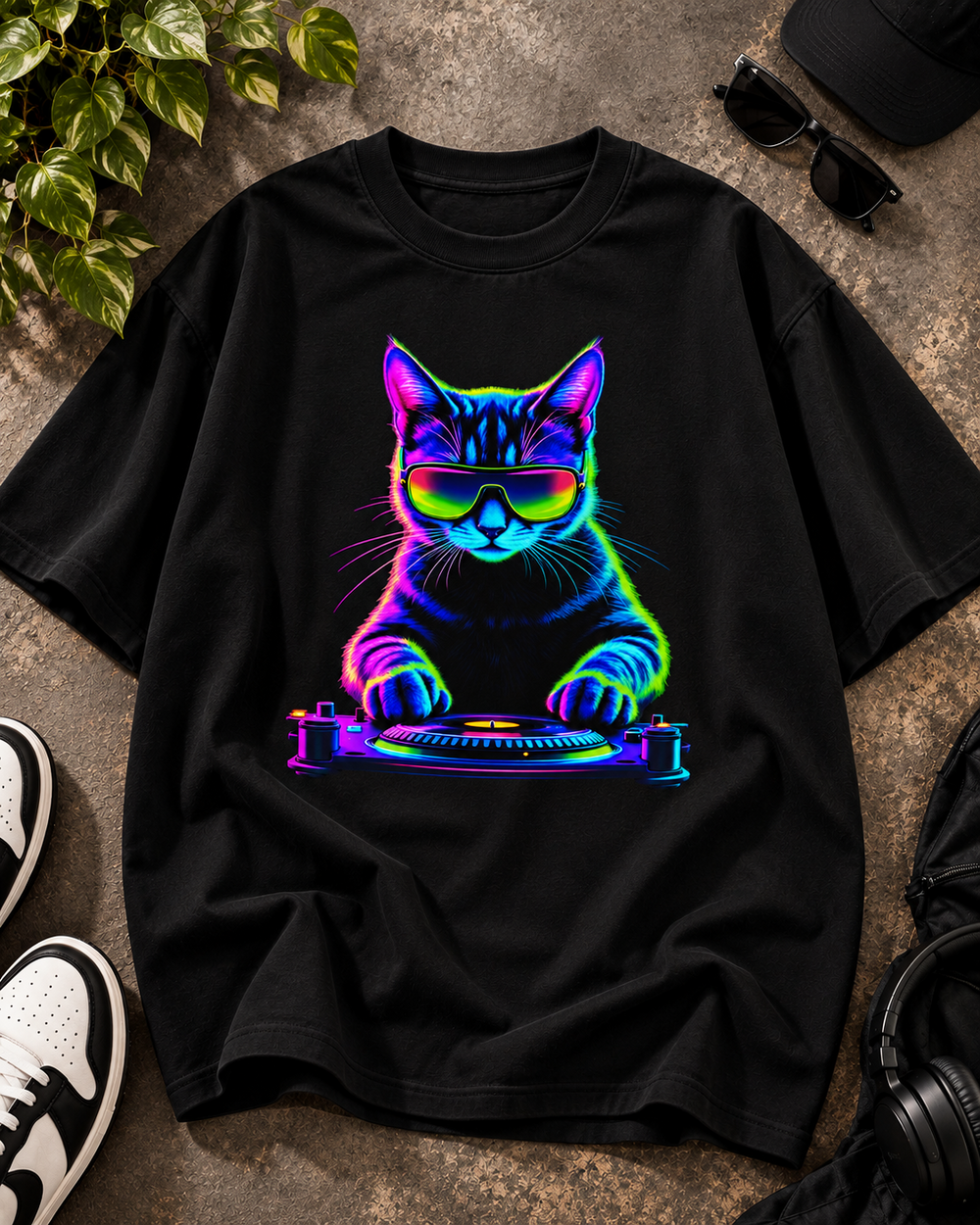 Neon Cat DJ Cat Lover Oversized Graphic T-Shirt