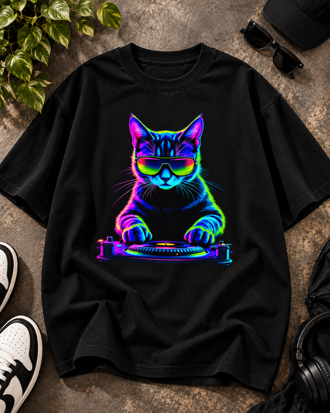 Neon cat DJ black oversized T-shirt