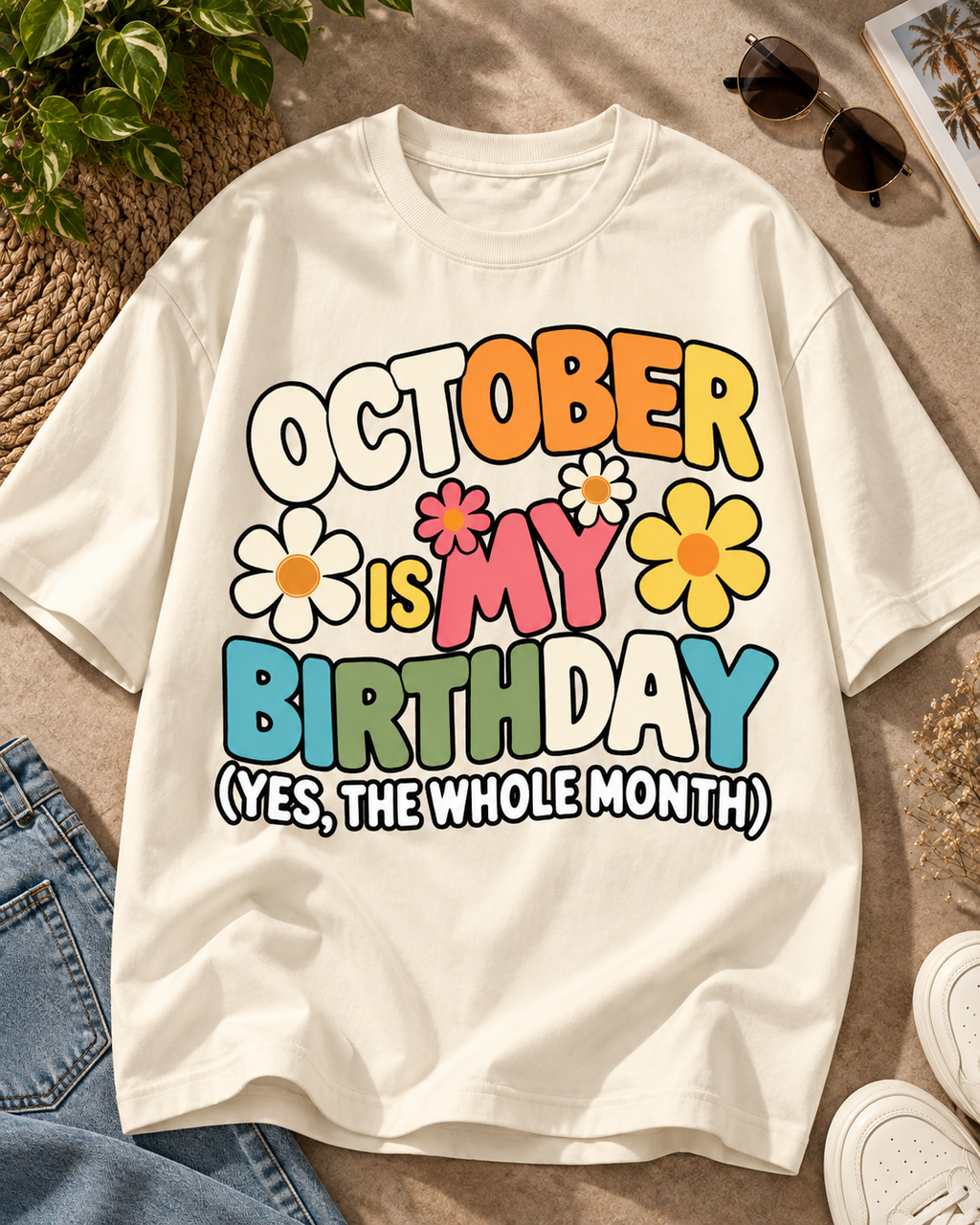 October Is My Birthday off white oversized T-shirt