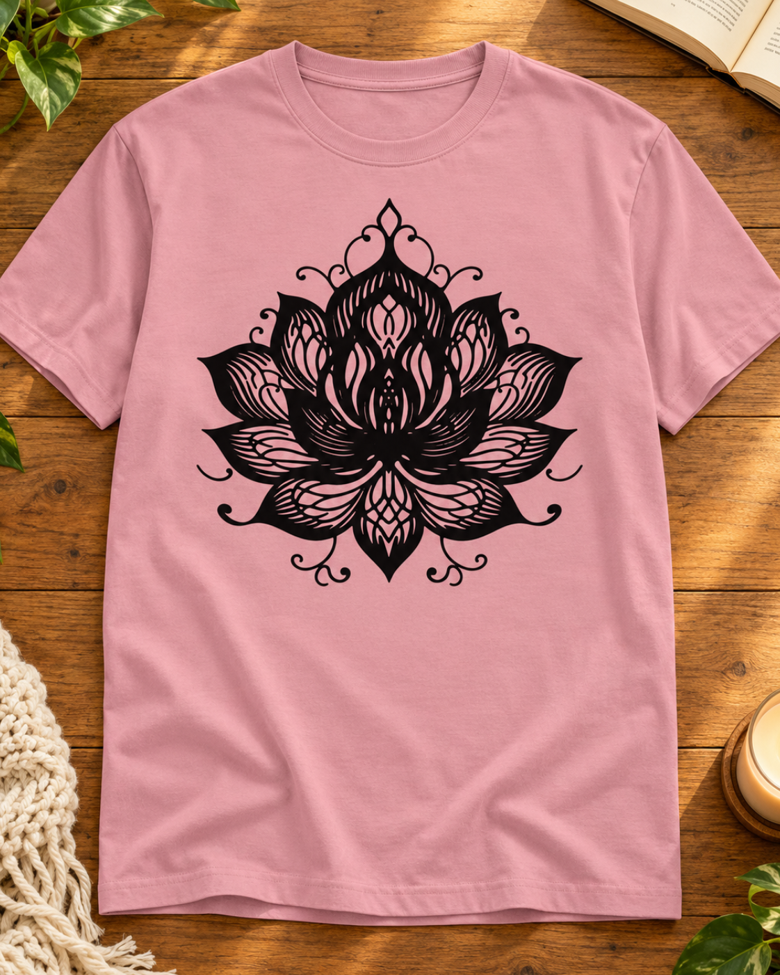 REBELO Black Lotus regular fit crew T-shirt in Flamingo Pink with bold black ornamental lotus graphic