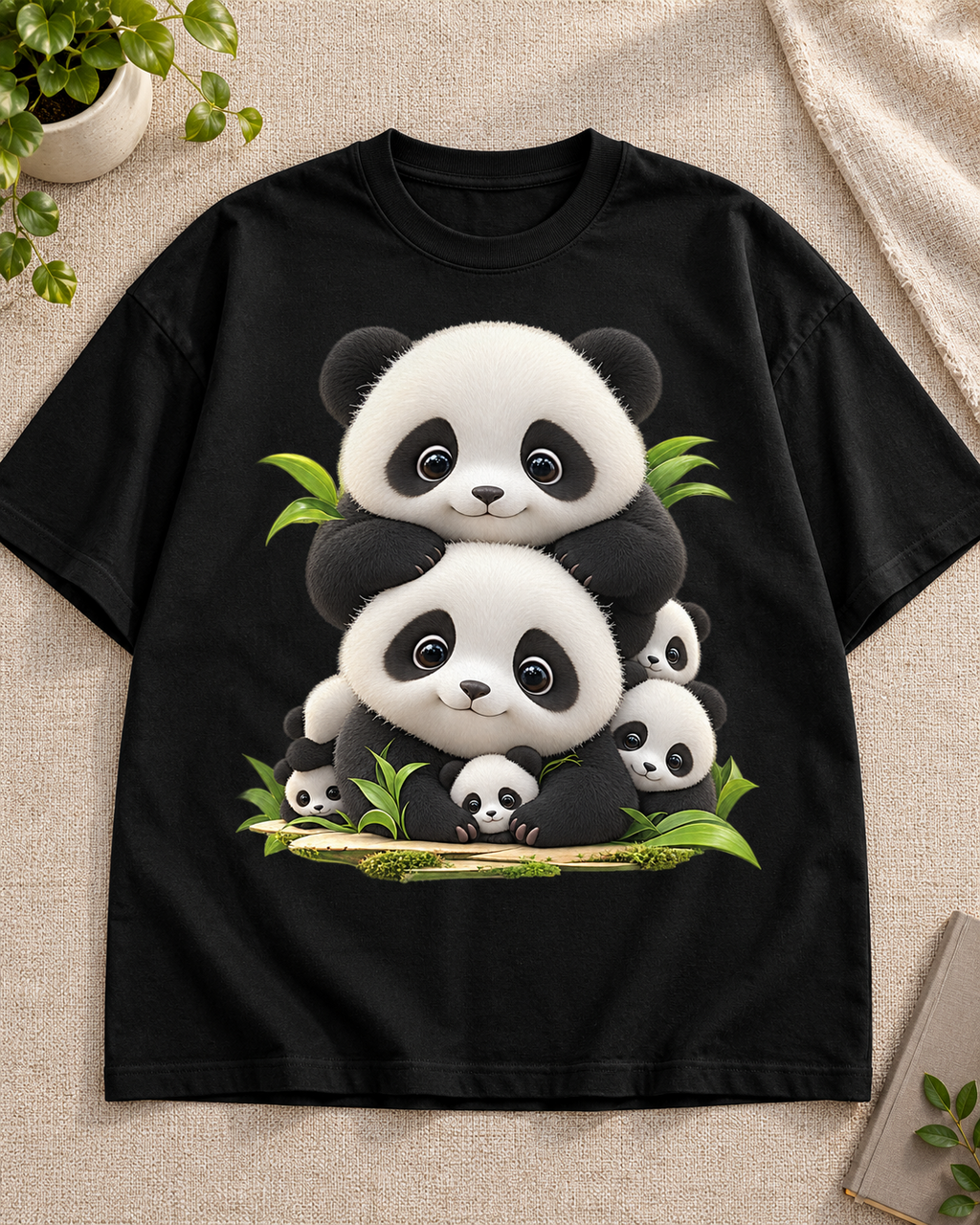 Panda Family Black oversized T-shirt