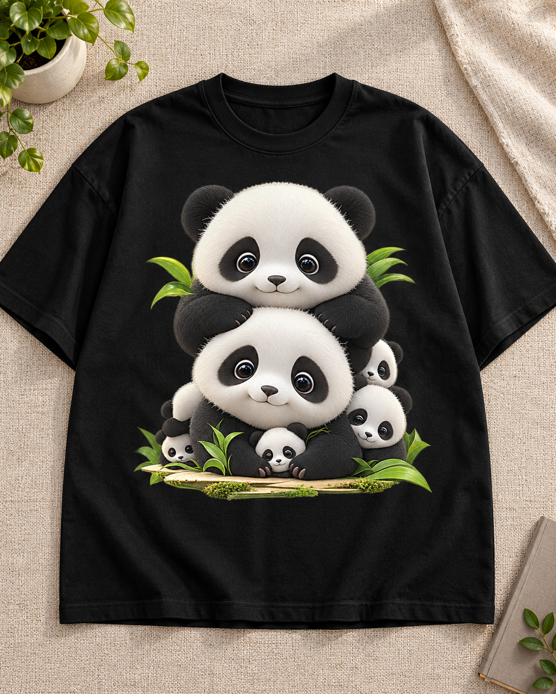 Panda Family Black oversized T-shirt