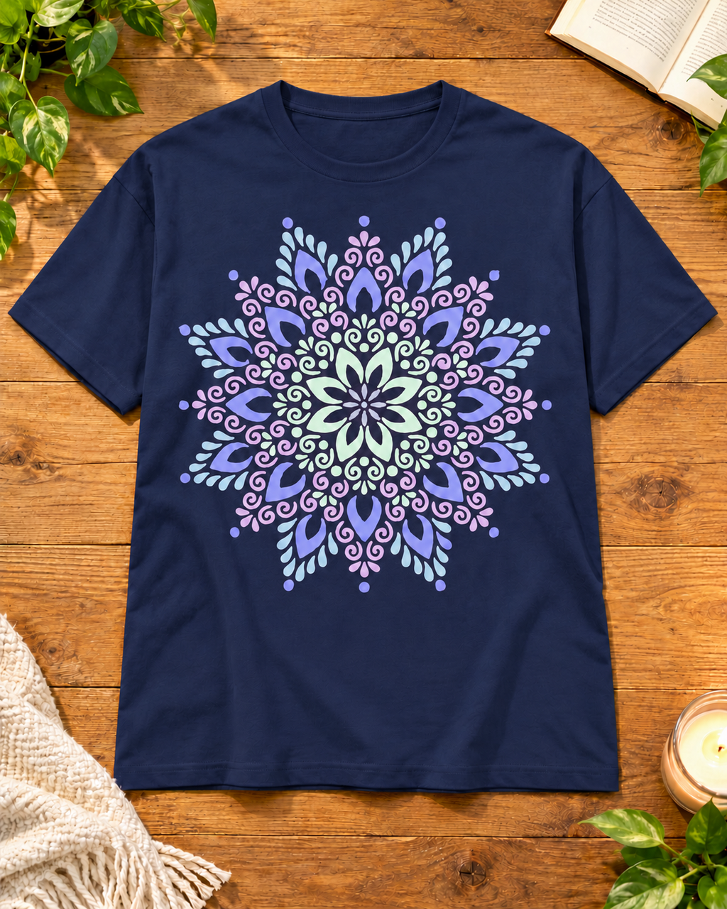 Pastel floral mandala navy blue regular fit graphic T-shirt
