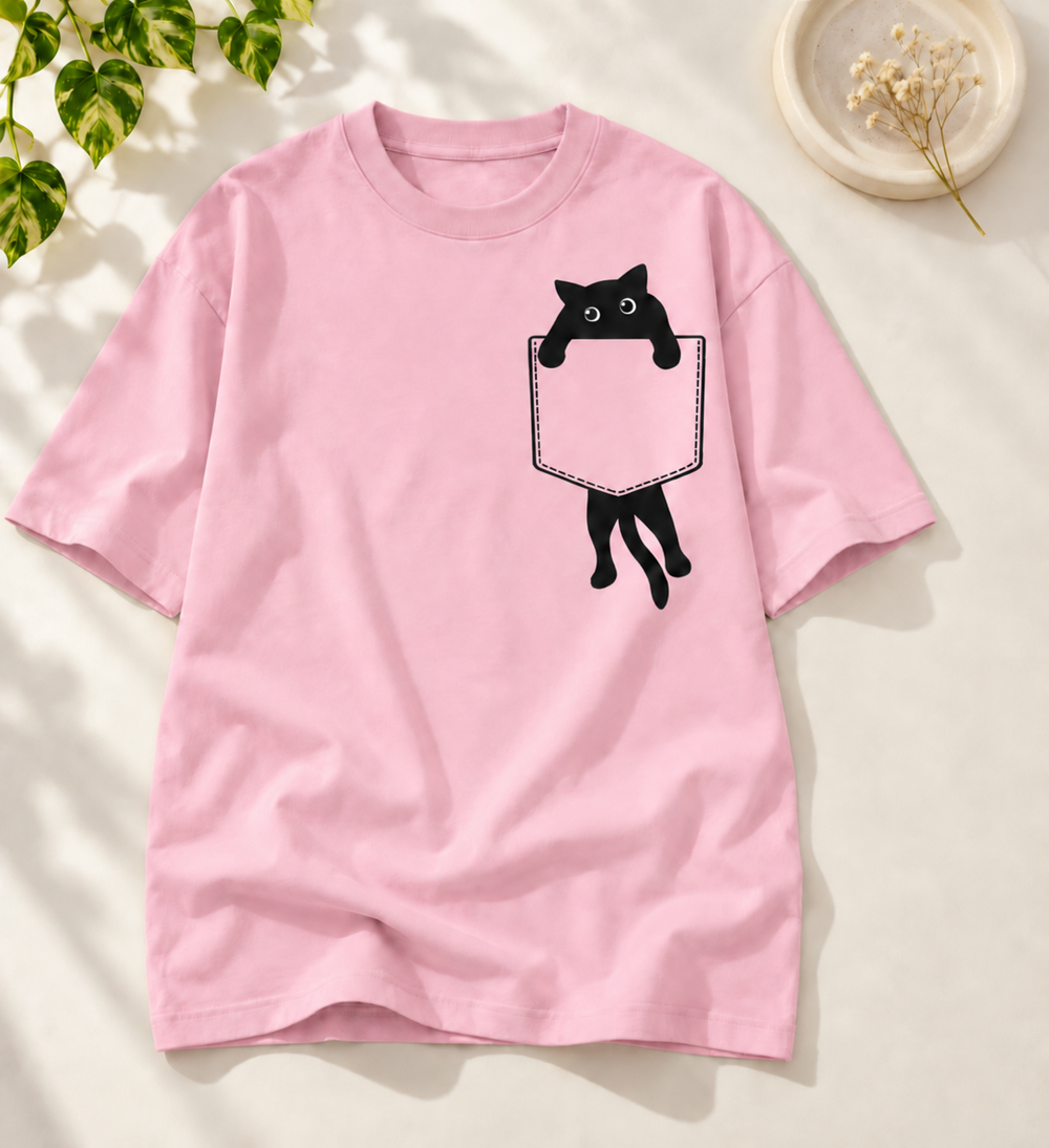 Pocket Black Cat Cat Lover Oversized Graphic T-Shirt