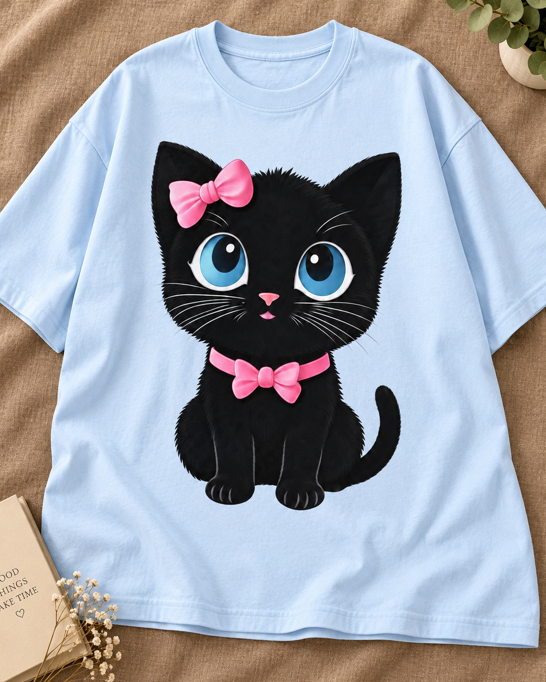 A light blue short-sleeve t-shirt featuring a cartoon graphic of a black kitten with large blue eyes, a pink bow on its head, and a pink bow tie. The t-shirt is laid flat on a textured brown fabric background with decorative props including a small potted plant, a book, and dried flowers.