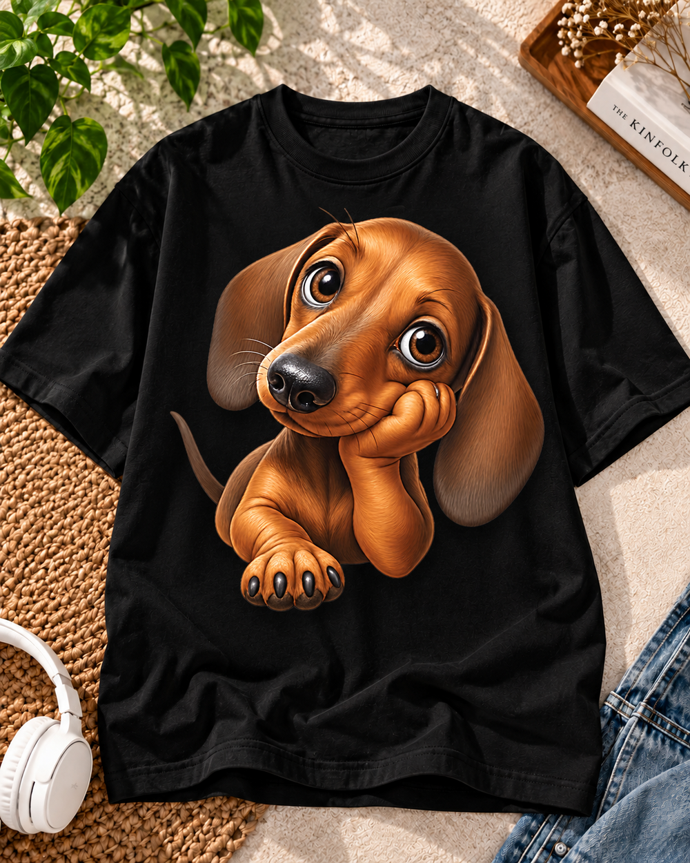 Puppy Eyes Dachshund Dog Lover Oversized Graphic T-Shirt