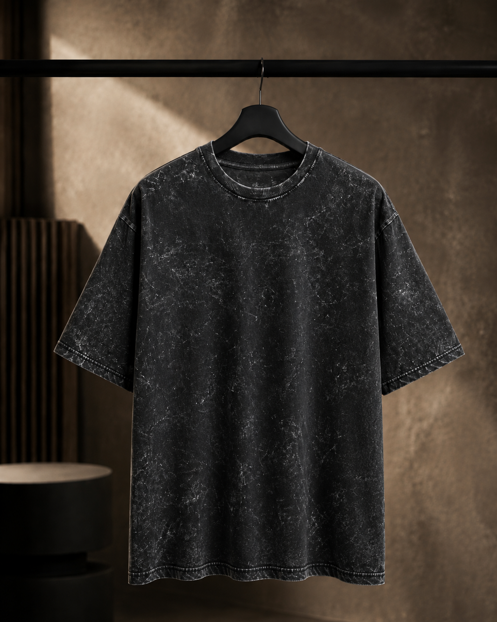 REBELO black 240 GSM acid wash oversized T-shirt hanger front view