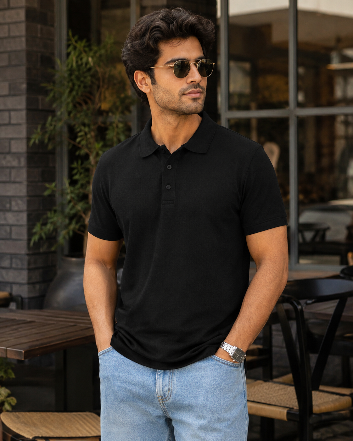 Black Men's Cotton Polo T-Shirt – casual lifestyle model image