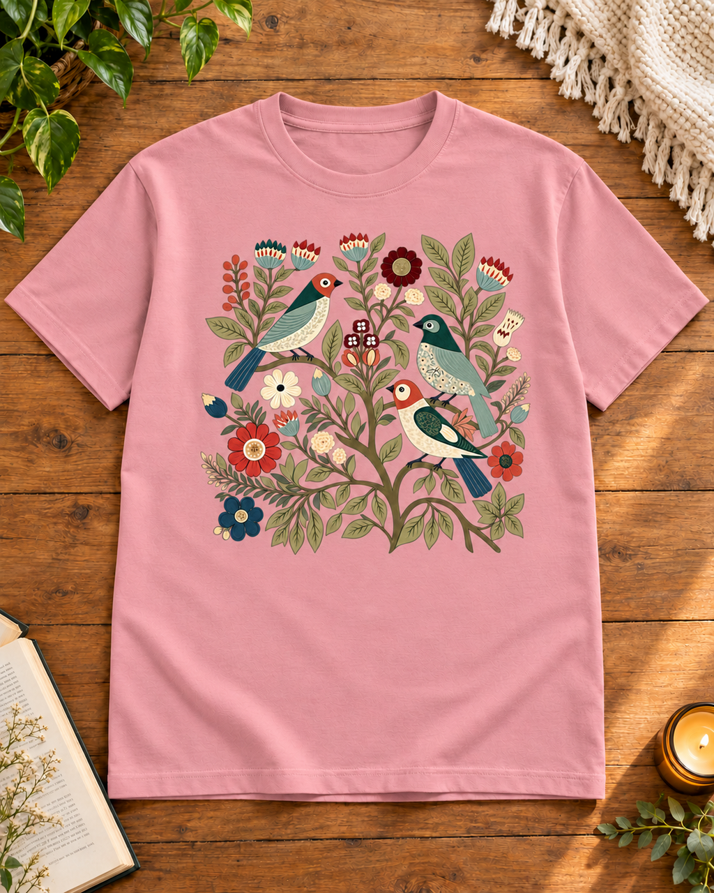 Flamingo Pink regular-fit crew-neck T-shirt featuring three colourful birds among vintage flowers and botanical foliage