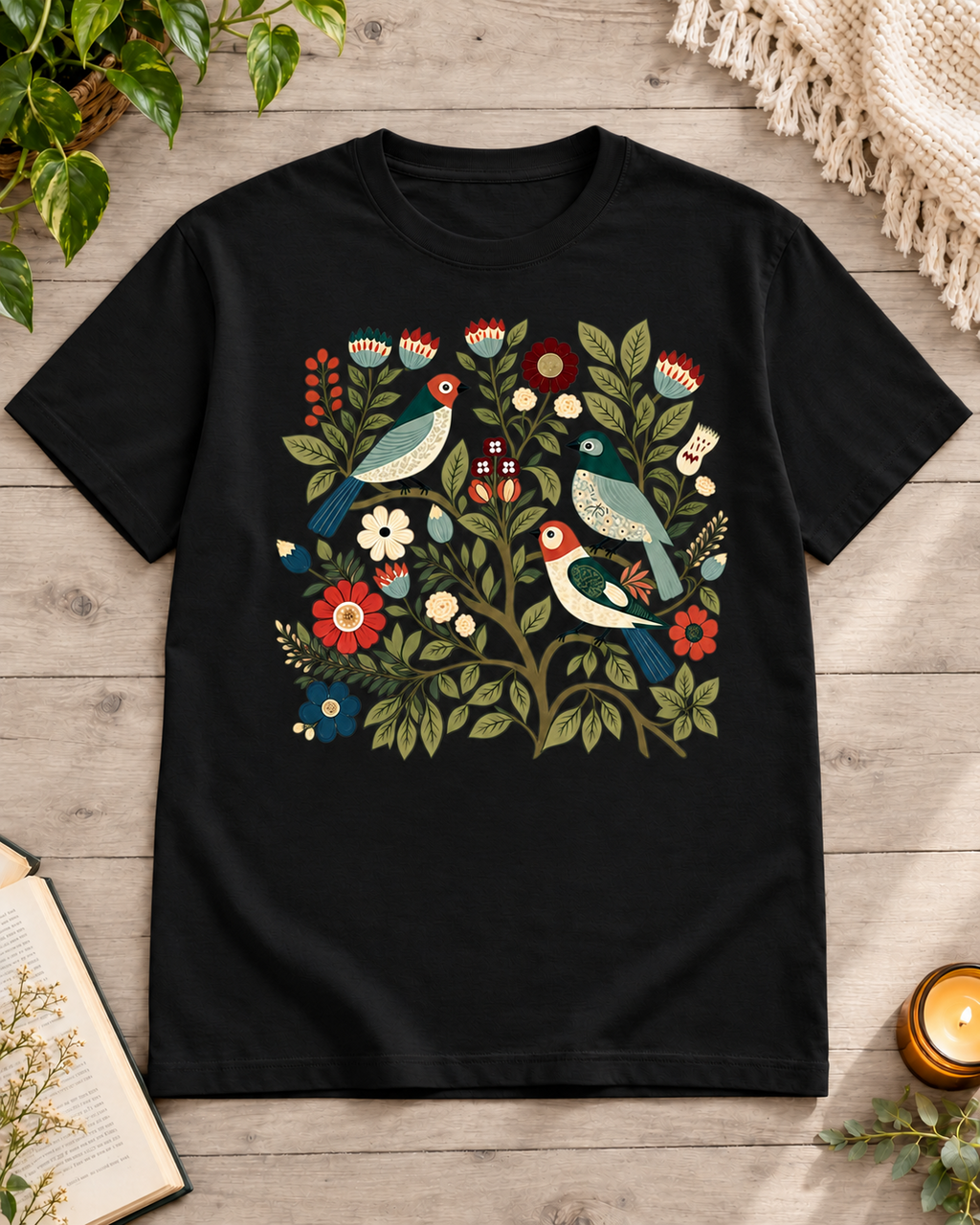 Black regular fit T-shirt featuring three birds among flowers