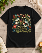 Black regular fit T-shirt featuring three birds among flowers