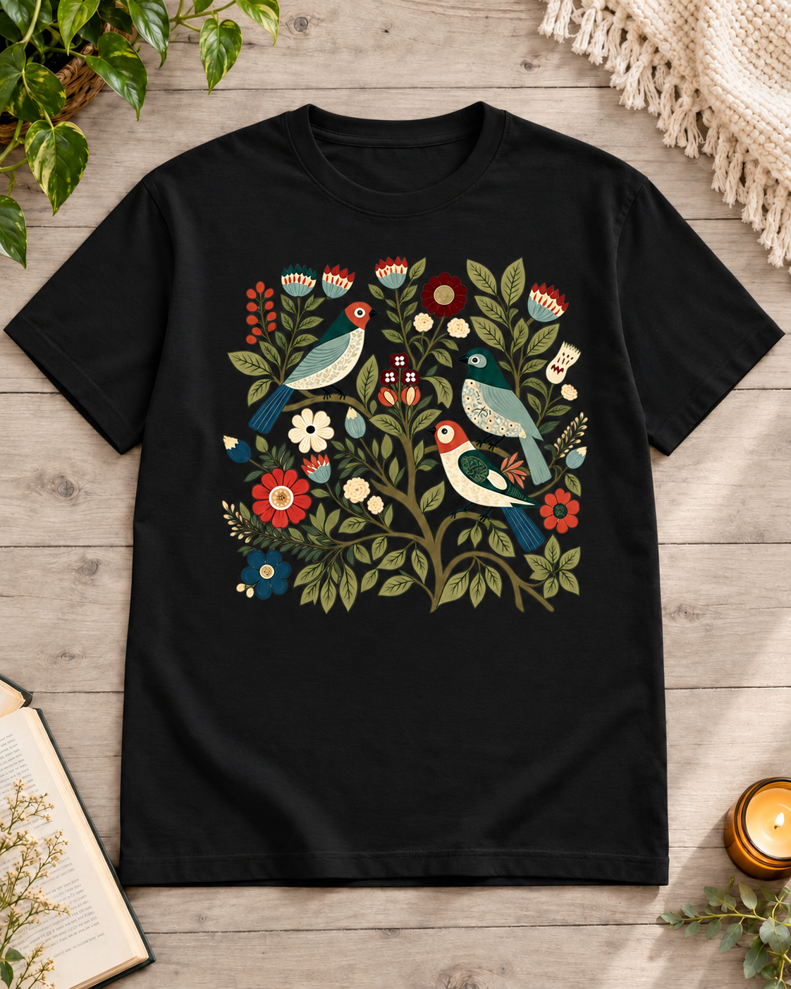 Black regular fit T-shirt featuring three birds among flowers
