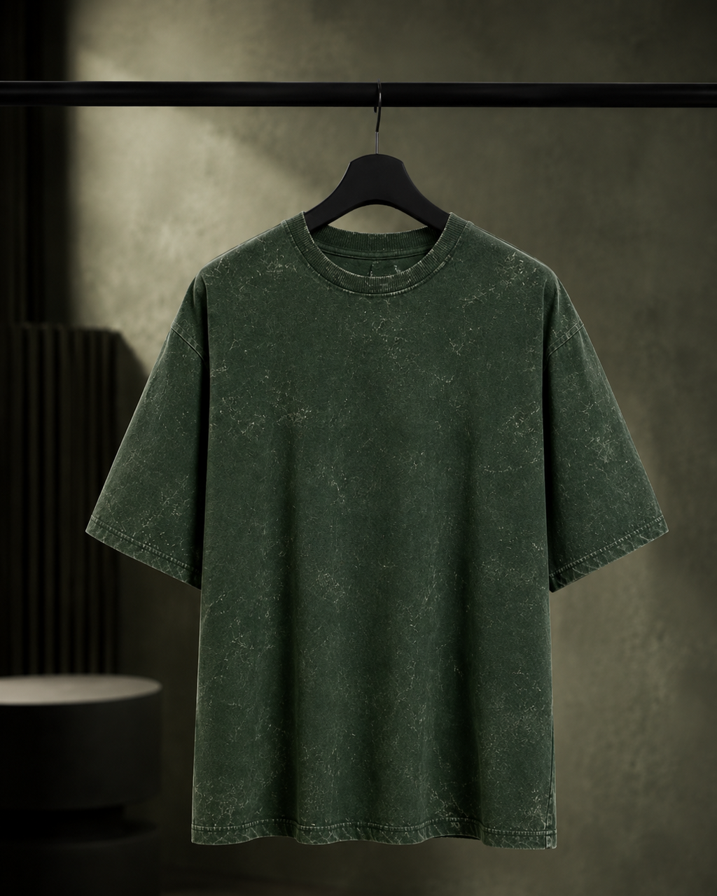 REBELO bottle green 240 GSM acid wash oversized T-shirt hanger front view