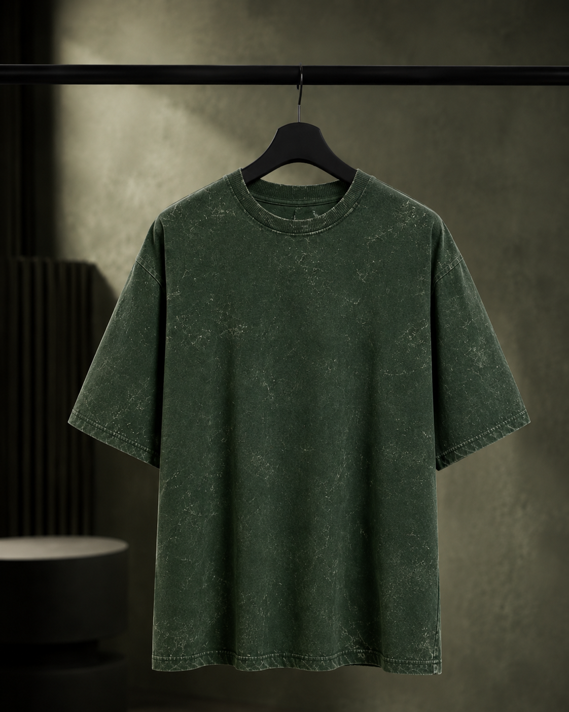 REBELO bottle green 240 GSM acid wash oversized T-shirt hanger front view