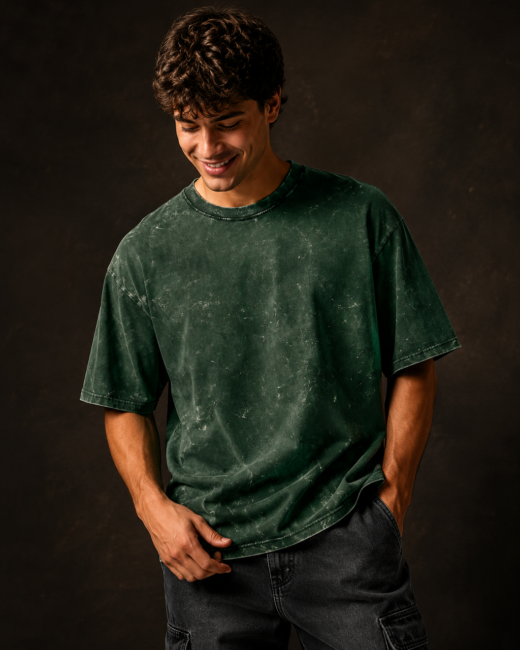 REBELO bottle green 240 GSM acid wash oversized T-shirt on male model