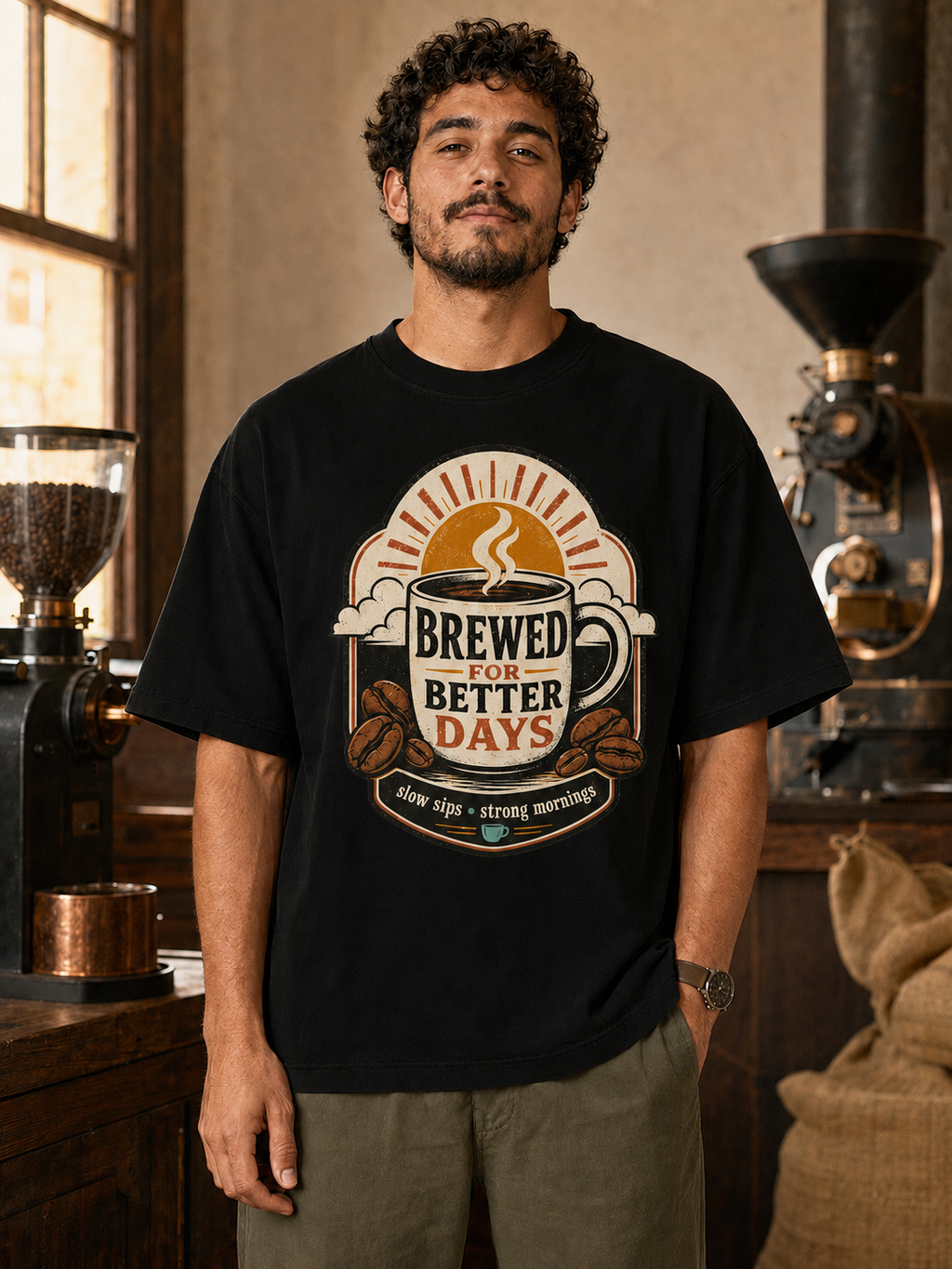 Model wearing Brewed for Better Days coffee oversized T-shirt in black