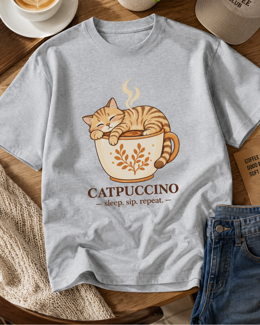 Catpuccino Cat Lover Oversized Graphic T-Shirt