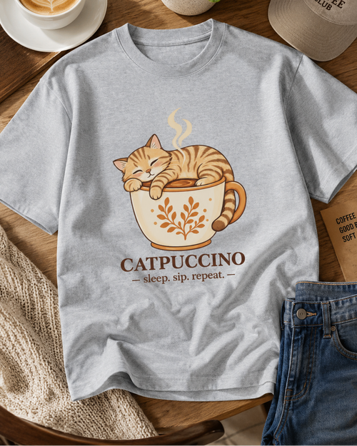 Catpuccino grey melange cat lover oversized T-shirt hero image by REBELO