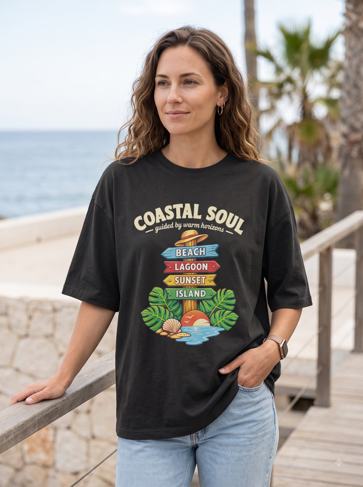 Woman wearing Coastal Soul oversized T-shirt in black