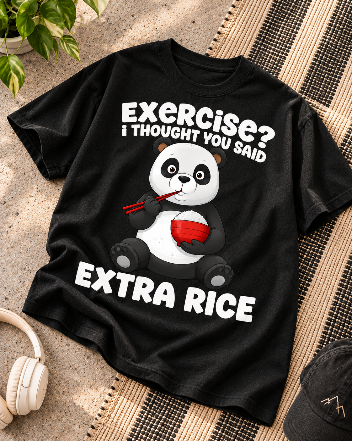 Black panda Exercise Extra Rice graphic T-shirt — REBELO humor collection