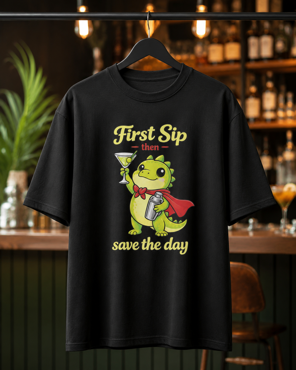 First Sip Then Save the Day black oversized T-shirt hero image by REBELO