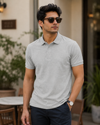 Grey Melange Men's Cotton Polo T-Shirt – casual lifestyle model image