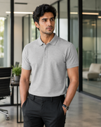 Grey Melange Men's Cotton Polo T-Shirt – smart office lifestyle model image