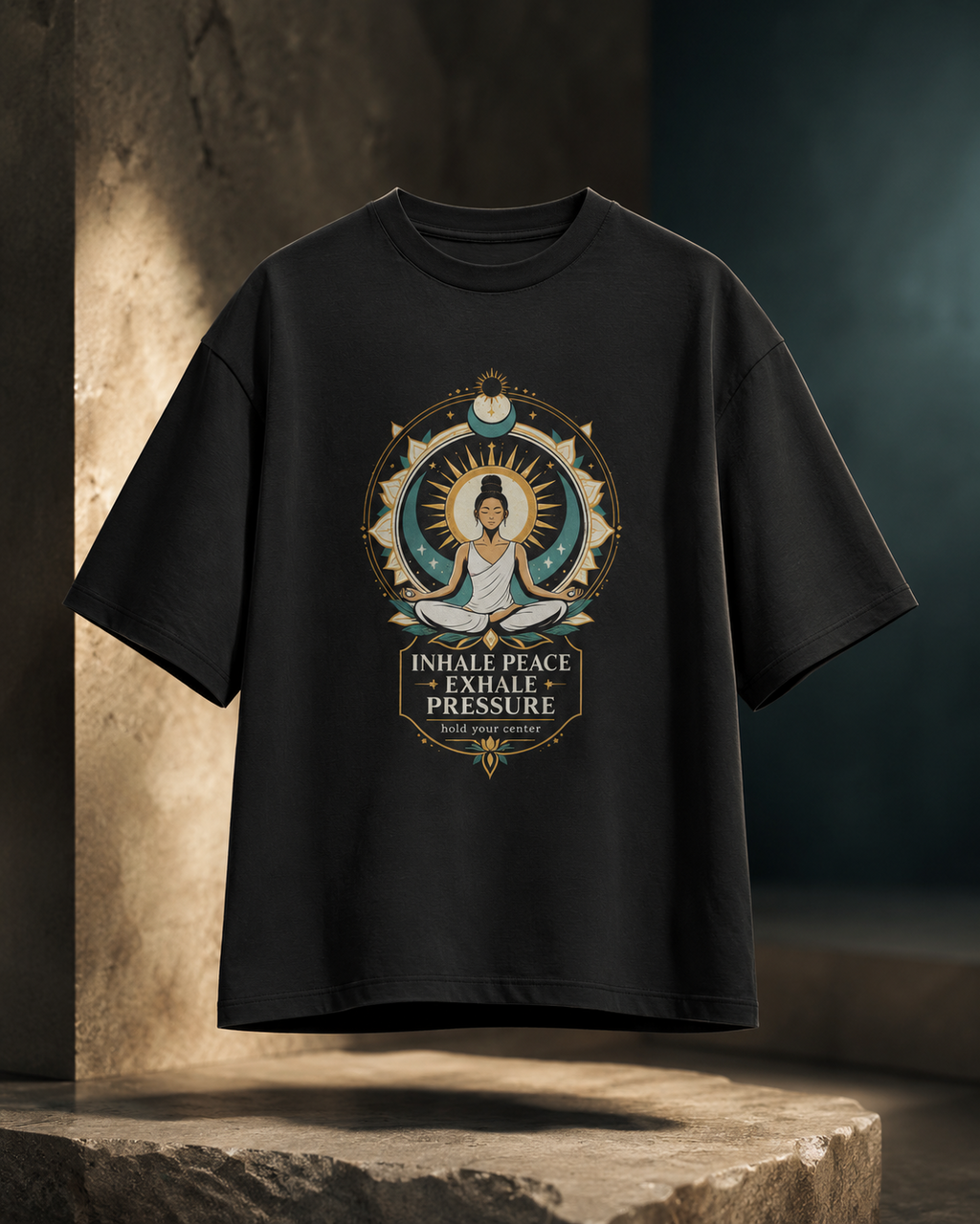 Inhale Peace black yoga and meditation oversized T-shirt hero image by REBELO