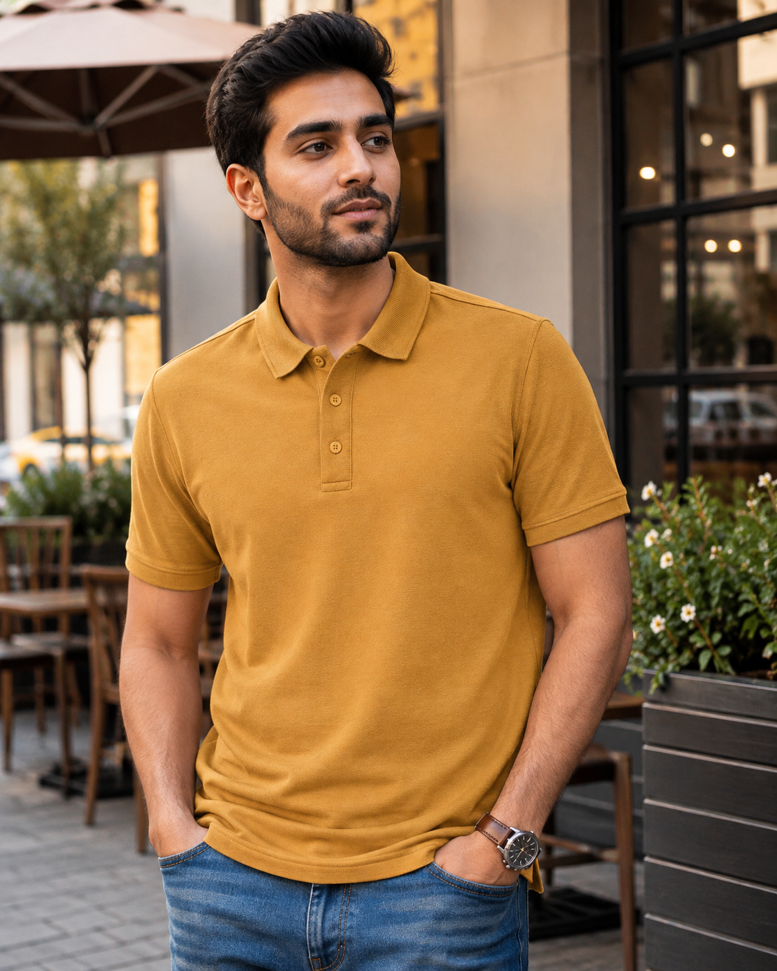 Mustard Yellow Men's Cotton Polo T-Shirt – café lifestyle model image