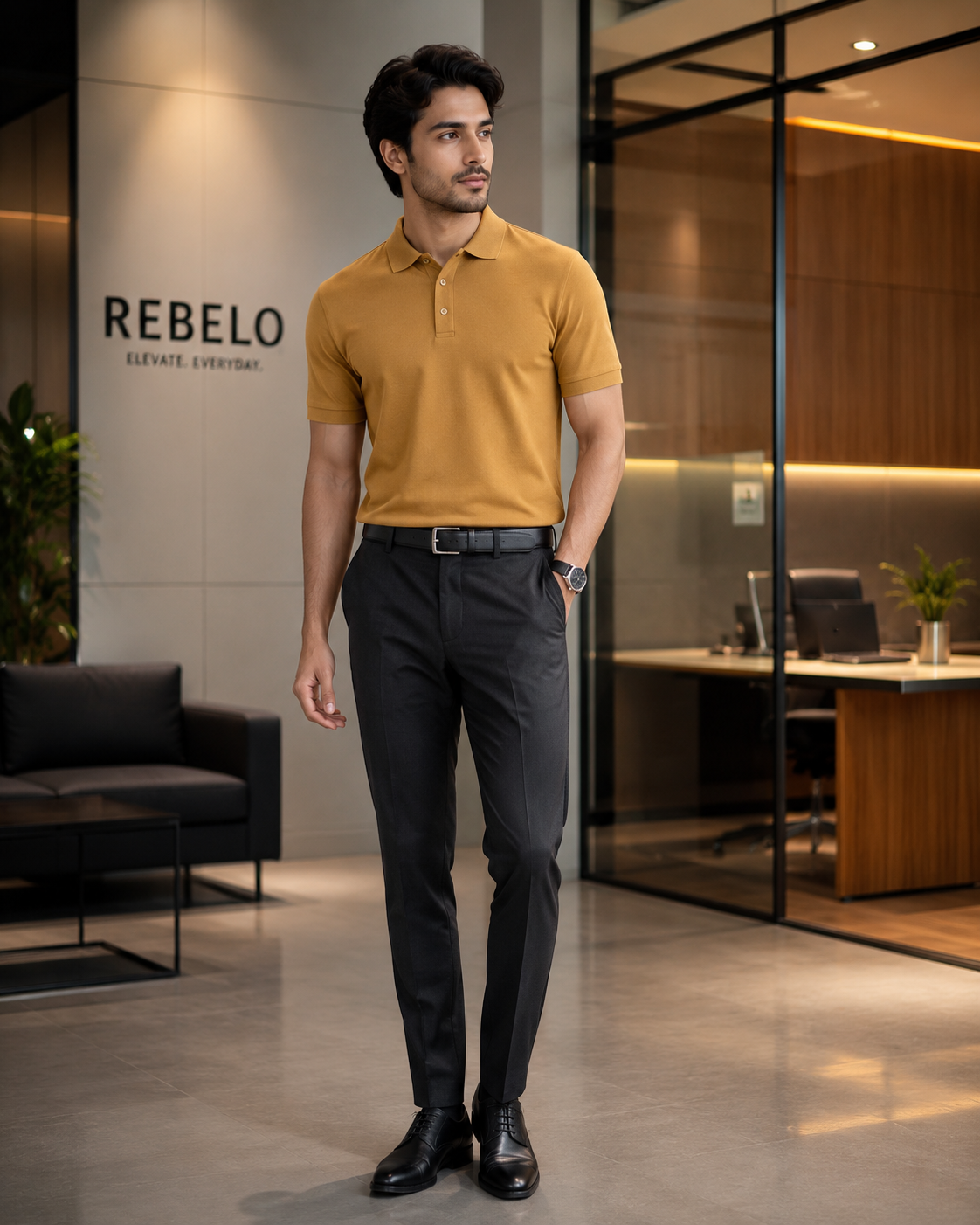 Mustard Yellow Men's Cotton Polo T-Shirt – office lifestyle model image