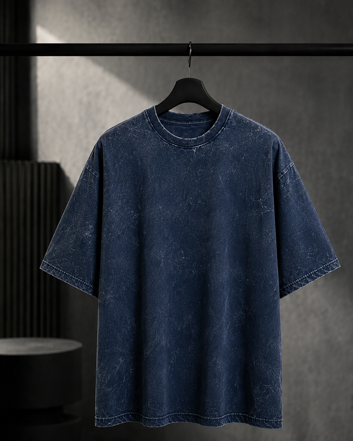 REBELO navy blue 240 GSM acid wash oversized T-shirt hanger front view