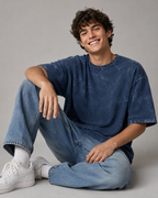 REBELO navy blue 240 GSM acid wash oversized T-shirt on male model