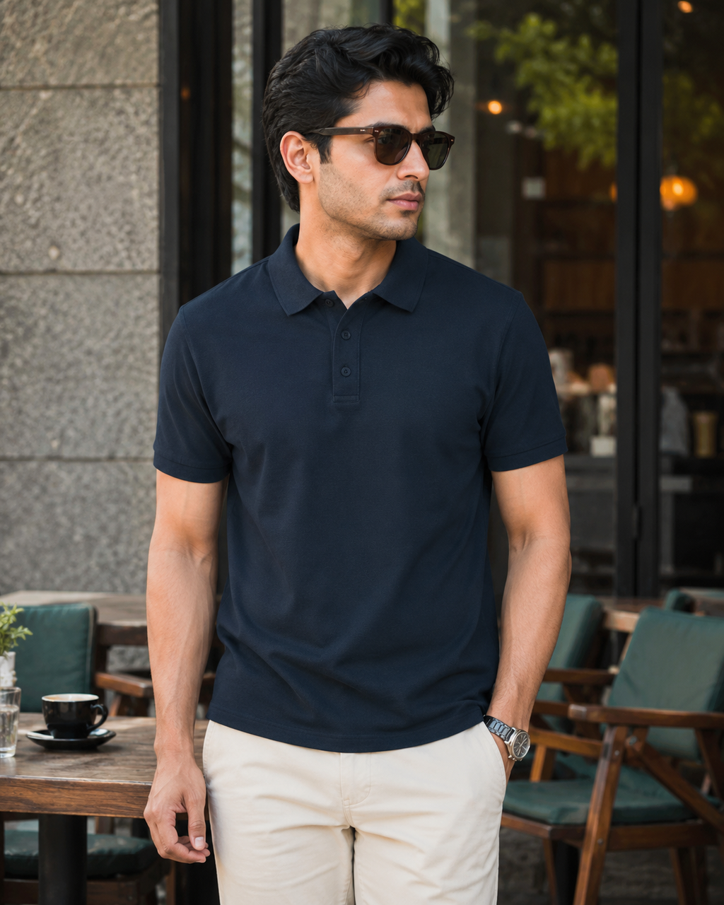 Navy Blue Men's Cotton Polo T-Shirt – casual lifestyle model image