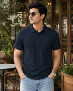 Navy Blue Men's Cotton Polo T-Shirt – casual lifestyle model image