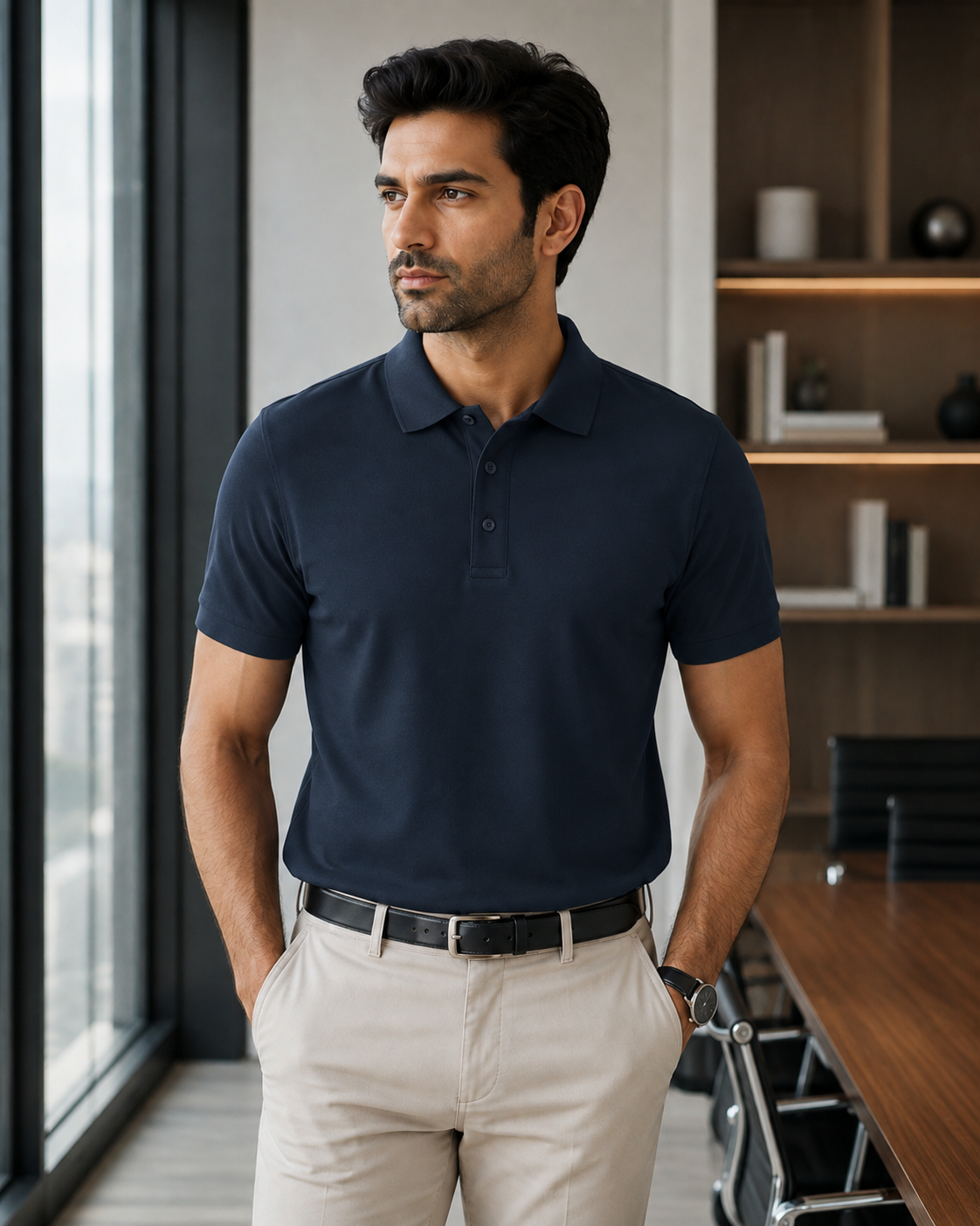 Navy Blue Men's Cotton Polo T-Shirt – smart office lifestyle model image