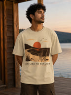 Model wearing Offline to Realign oversized T-shirt in beige