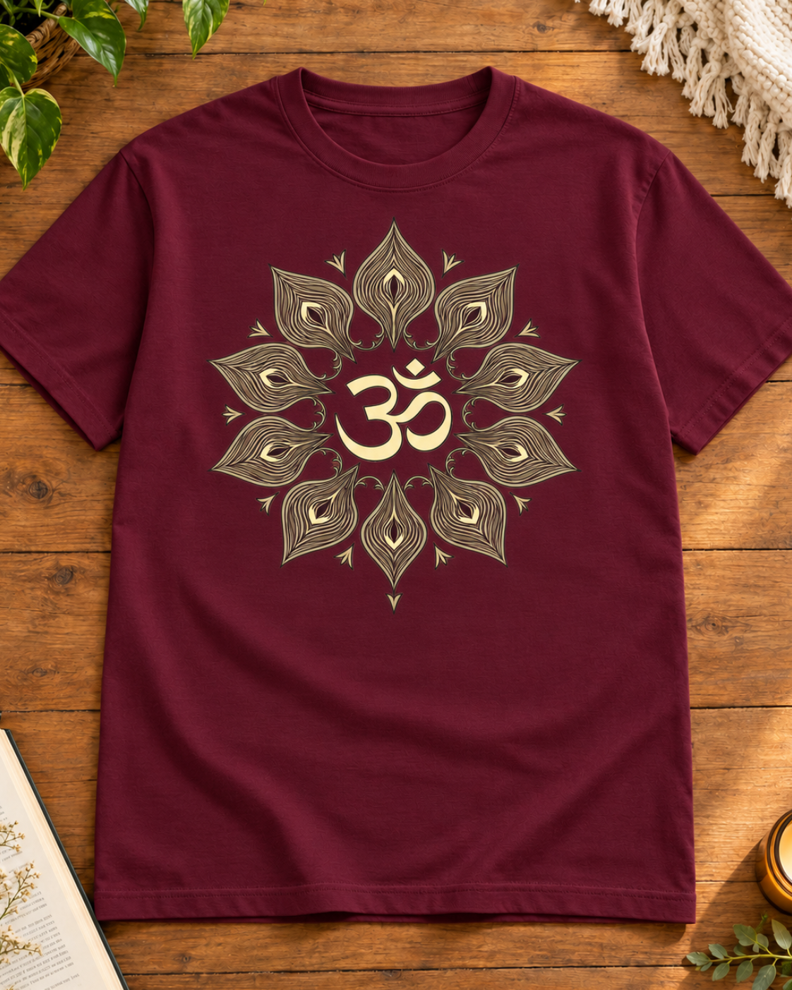 Dark Maroon regular fit crew neck T-shirt with om feather mandala print