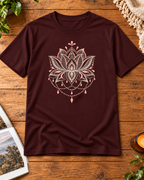 Dark maroon regular fit crew T-shirt with blush ornamental lotus graphic
