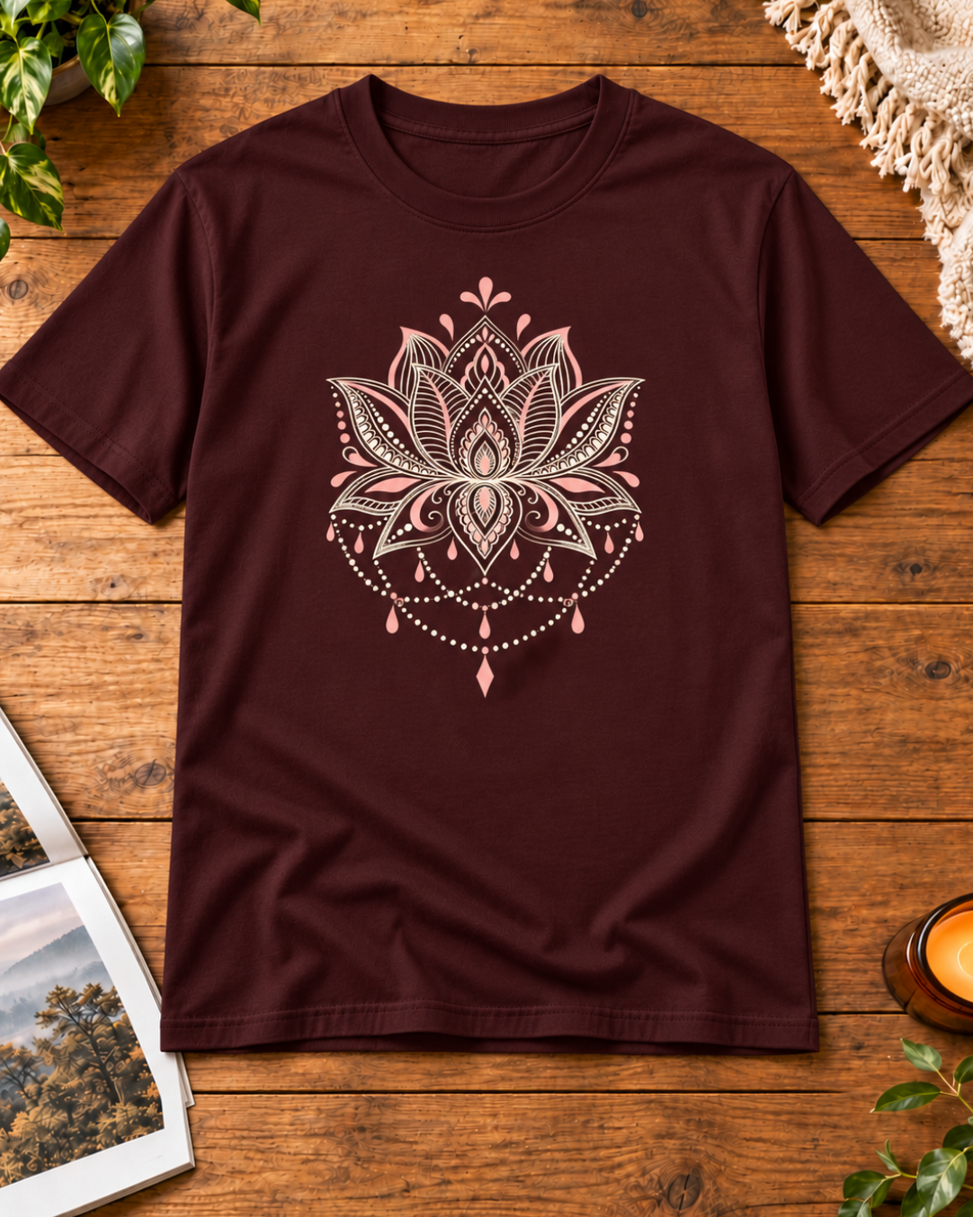 Dark maroon regular fit crew T-shirt with blush ornamental lotus graphic