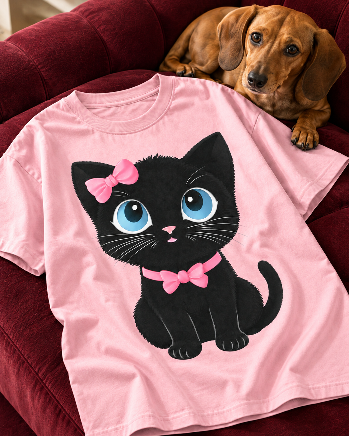 Pink Pretty Kitty graphic T-shirt beside a dachshund — REBELO pet lover collection