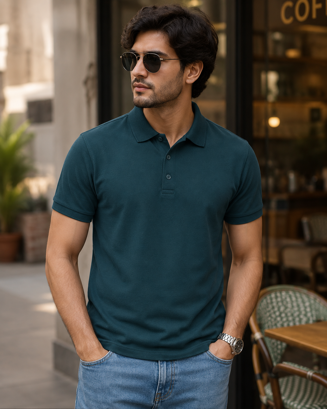 Petrol Blue Men's Cotton Polo T-Shirt – café lifestyle model image